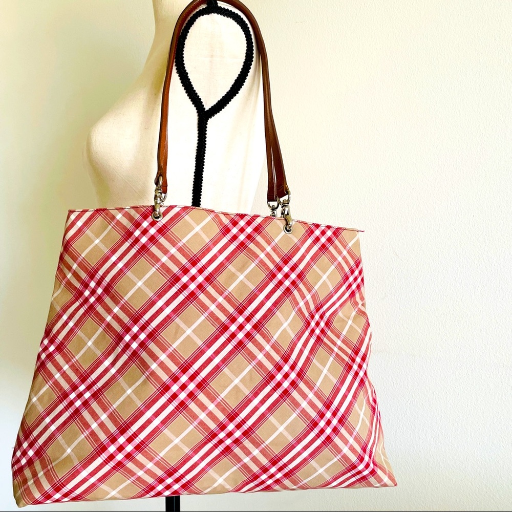 Brooks Brothers Red and Tan Plaid Canvas Tote Handbag